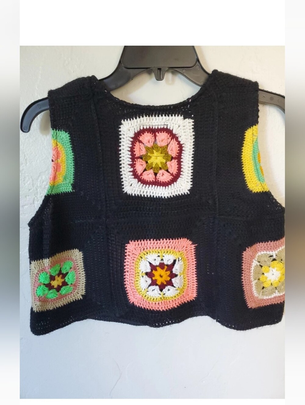 Black Crochet Crop Top with Multicolor Granny Squares